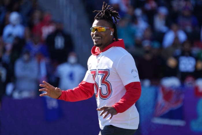 Feb 5, 2022; Las Vegas, NV, USA; Los Angeles Chargers safety Derwin James reacts during AFC practice at the Las Vegas Ballpark. Mandatory Credit: Kirby Lee-USA TODAY Sports